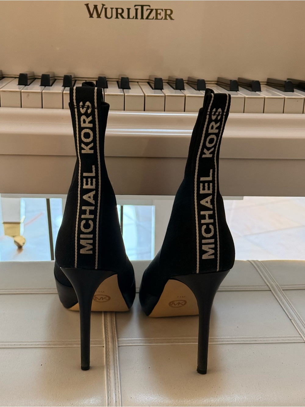 Michael Kors Black Stretch Sock Stiletto Boots with Logo Heel Tab